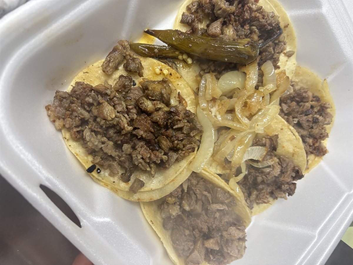 Street tacos to go with grilled onions and a chile toreado
